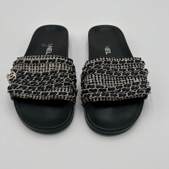 Chanel CC Chain Slide Sandals Flat Canvas Slip On Shoes Black Tweed Size 38 - Picture 2 of 14